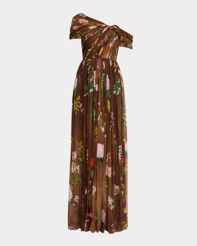 Oscar De La Renta One-shoulder Mixed Botanical Silk Chiffon Gown In Brown