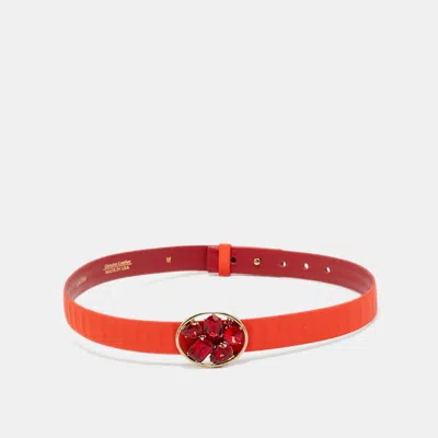 Oscar De La Renta Orange Satin Crystal Embellished Round Waist Belt In Red