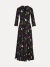 Oscar De La Renta 3/4 Sleeve  Orchids Cady Chiffon Inset Dress In Black