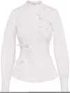 Oscar De La Renta Long Sleeve  Fabric Orchid Cotton Stretch Blouse In White