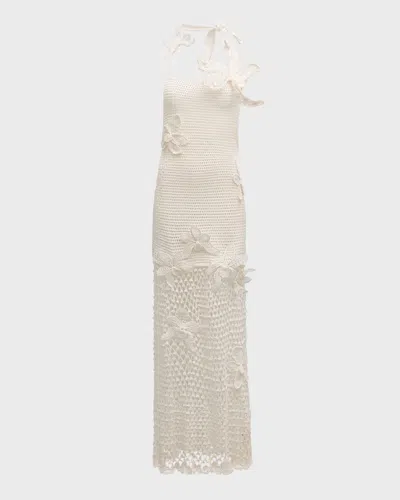 Oscar De La Renta Orchid Crochet Maxi Halter Dress In Ivory