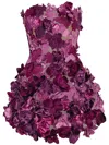 Oscar De La Renta Strapless Satin Orchid Embroidered Cocktail Dress In Purple