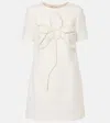 Oscar De La Renta Short Sleeve  Floral Embroidered Cotton Tweed Shift Dress In White