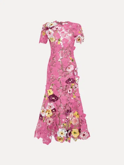 Oscar De La Renta Orchid Embroidered Guipure Gown In Pink