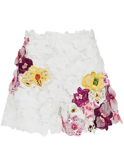 Oscar De La Renta Orchid Embroidered Guipure Shorts In White