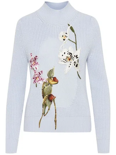 Oscar De La Renta Orchid-embroidered Jumper In Blue