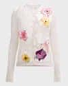 Oscar De La Renta Long Sleeve Orchid Threadwork Embroidered Lace Cardigan In White Multi