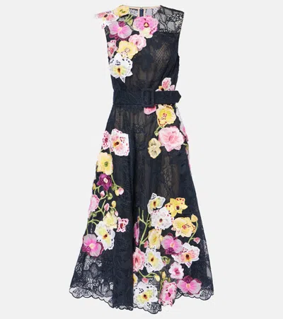 Oscar De La Renta Orchid Embroidered Lace Cocktail Dress In Black