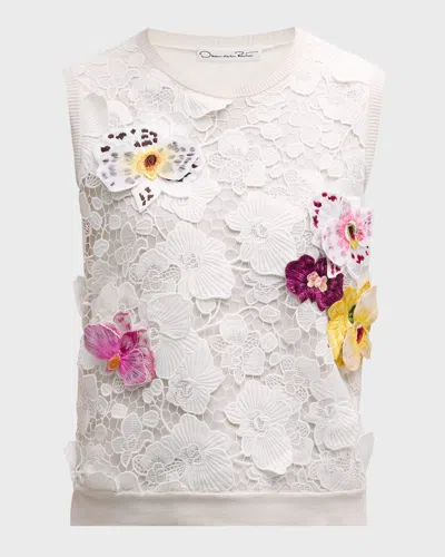 Oscar De La Renta Orchid Embroidered Lace Knit Tank Top In White Multi