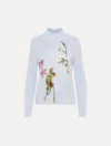 Oscar De La Renta Orchid Embroidered Portrait Pullover In Blue