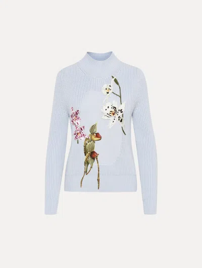 Oscar De La Renta Orchid Embroidered Portrait Pullover In Multi