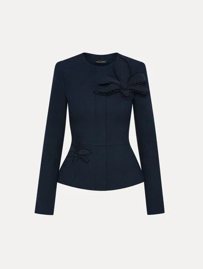 Oscar De La Renta Orchid Embroidered Tweed Jacket In Blue