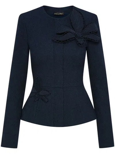 Oscar De La Renta Orchid Embroidered Tweed Jacket In Navy