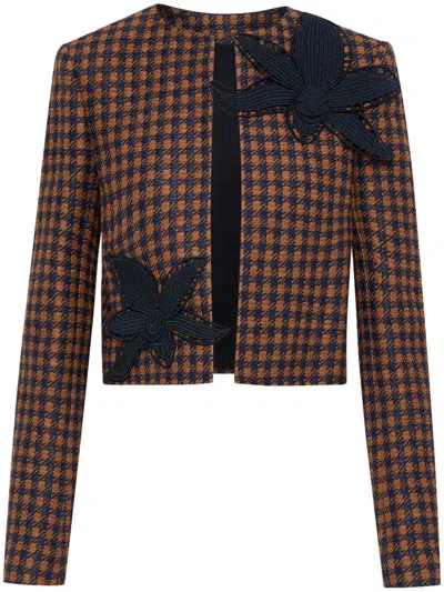 Oscar De La Renta Orchid Embroidered Tweed Jacket In Cognac/navy