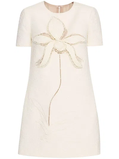 Oscar De La Renta Orchid Embroidered Tweed Shift Dress In White