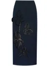 Oscar De La Renta Orchid Embroidered Tweed Skirt In Blue
