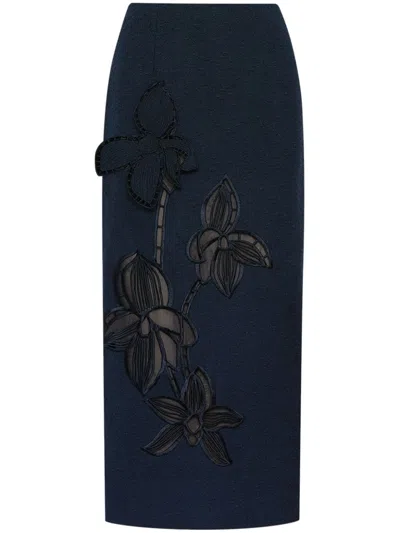 Oscar De La Renta Orchid Embroidered Tweed Skirt In Navy