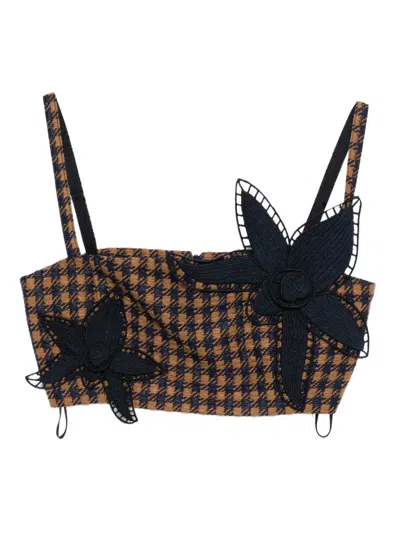 Pre-owned Oscar De La Renta Orchid-embroidered Tweed Top In Brown