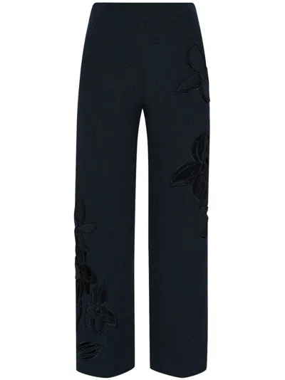 Oscar De La Renta Orchid Embroidered Tweed Trousers In Blue