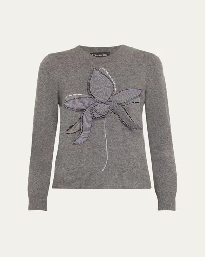 Oscar De La Renta Orchid Embroidered Wool Sweater In Dark Grey