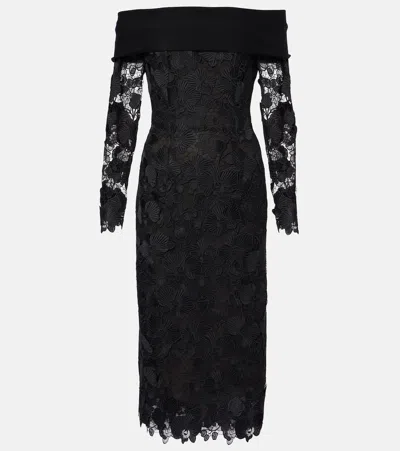Oscar De La Renta Orchid Floral Guipure Midi Dress In Black