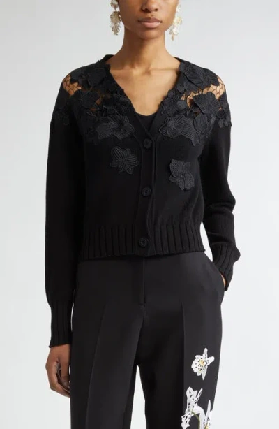 Oscar De La Renta Orchid Guipure Cotton Cardigan In Black