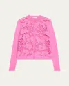 Oscar De La Renta Floral Guipure Inset Long-sleeve Crewneck Cardigan In Rosehip