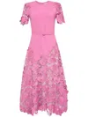 Oscar De La Renta Short Sleeve Orchid Guipure Inset Dress With Self Belt In Pink