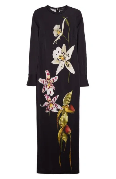 Oscar De La Renta Orchid Long Sleeve Jersey Dress In Dark Navy Multi
