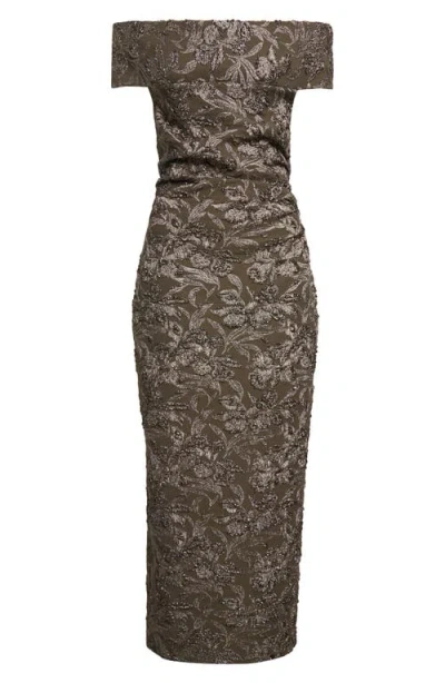 Oscar De La Renta Orchid Metallic Jacquard Off The Shoulder Cocktail Dress In Truffle/ Brass