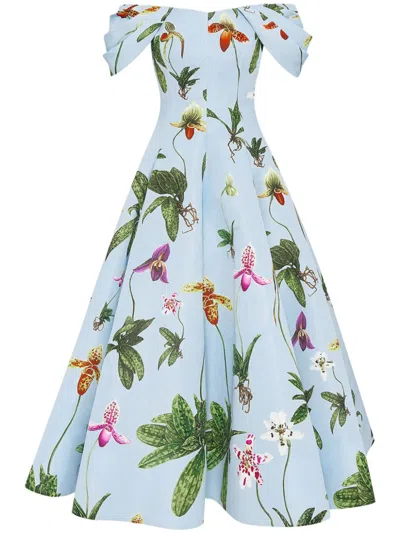 Oscar De La Renta Orchid Off-shoulder Faille Gown In Light Blue Multi