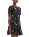 Oscar De La Renta Short Sleeve Cady Chiffon Inset Dress In Navy Multi In Navy Multi