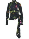 Oscar De La Renta Cap Sleeve  Orchid Button Detail Draped Blouse In Blue