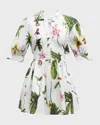 Oscar De La Renta Puff Sleeve  Open Back Button Front Orchid Poplin Dress In White Multi