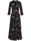 Oscar De La Renta 3/4 Sleeve  Orchids Cady Chiffon Inset Dress In Blue