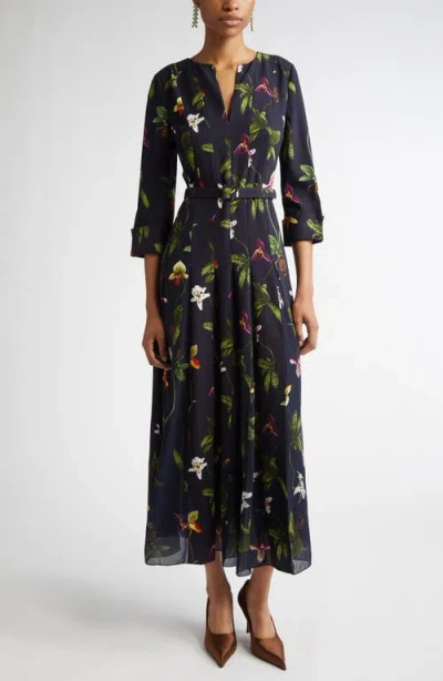 Oscar De La Renta Orchid Print Chiffon Inset Cady Dress In Navy Multi