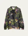 OSCAR DE LA RENTA ORCHID PRINT CHIFFON SCARF-TIE BLOUSE