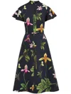 Oscar De La Renta Orchid Print Fit-flare Midi Poplin Dress In Blue
