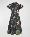 Oscar De La Renta Orchid Print Fit-flare Midi Poplin Dress In Navy Multi