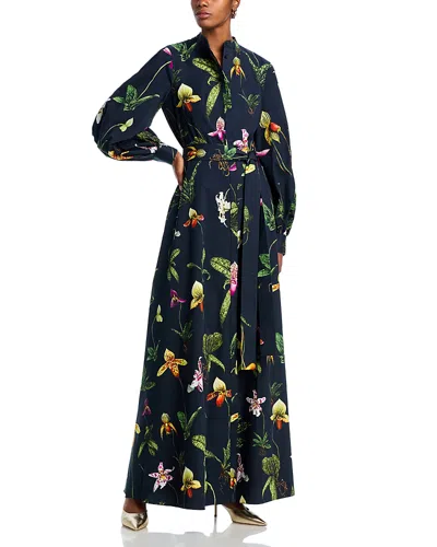 Oscar De La Renta Orchid Print Long Sleeve Dress In Navy Multi