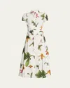 Oscar De La Renta Cap Sleeve  Orchids Poplin Dress With Sash Detail In White Multi