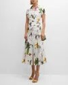 Oscar De La Renta Cap Sleeve  Orchids Poplin Dress With Sash Detail In White Multi