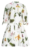 Oscar De La Renta Puff Sleeve  Open Back Button Front Orchid Poplin Dress In White Multi