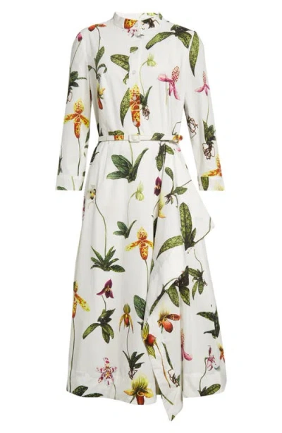Oscar De La Renta Orchid Print Stretch Cotton Shirtdress In White Multi