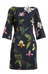 Oscar De La Renta Three Quarter Bateau Neck Poplin Dress In Navy Multi In Navy Multi