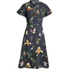 Oscar De La Renta Orchid Print Fit-flare Midi Poplin Dress In Navy Multi