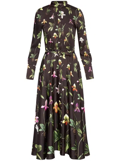 Oscar De La Renta Orchid Print Chiffon Inset Cady Dress In Navy Multi