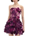 Oscar De La Renta Strapless Satin Orchid Embroidered Cocktail Dress In Plum