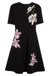 Oscar De La Renta Orchid Embroidered Dress In Black Multi