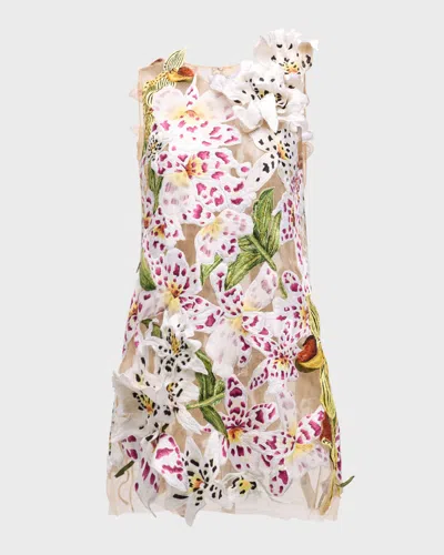 OSCAR DE LA RENTA ORCHID THREADWORK MINI SHIFT DRESS